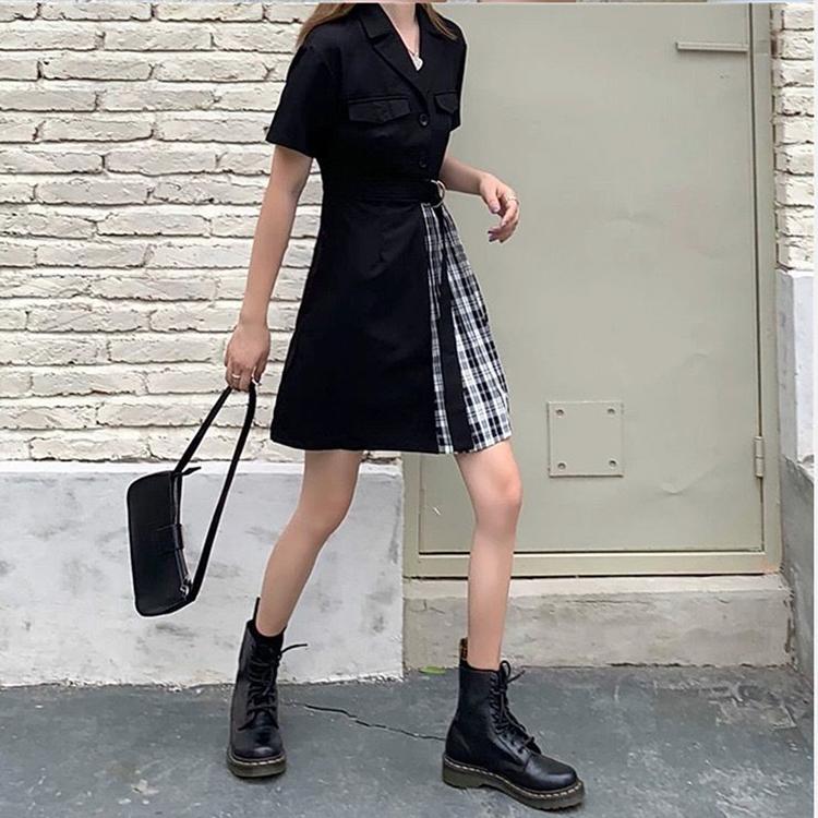 Irregular Plaid Black Dress Women's Cool Girl Summer Dress Short Sleeve Turn-down Collar Knee-length Dating Party Daily Wear