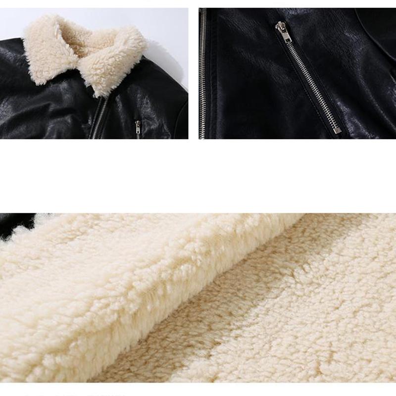 Lamb Wool Jacket Women Short Padded Fur Plush Motorcycle Jacket Ladies Padded Warm Leather Jacket POLO Neck Belt Waist Waist