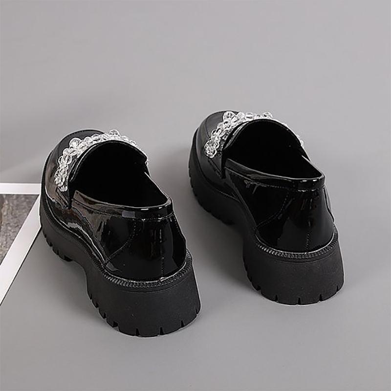 Thick-heeled Small Leather Shoes Round Toe Black Solid Color Loafers British Style Casual Shoes All-match Lazy Shoes