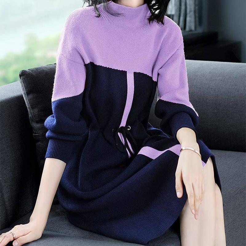 Turtleneck Knitted Dress Women Over The Knee Autumn and Winter Plus Size Loose Mid-length Waist Long-sleeved Bottoming Sweater Dress
