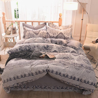 5D Carved Velvet Four-piece Crystal Velvet Warm Quilt Cover Sheets Thick Warm Velvet 4Pcs Set