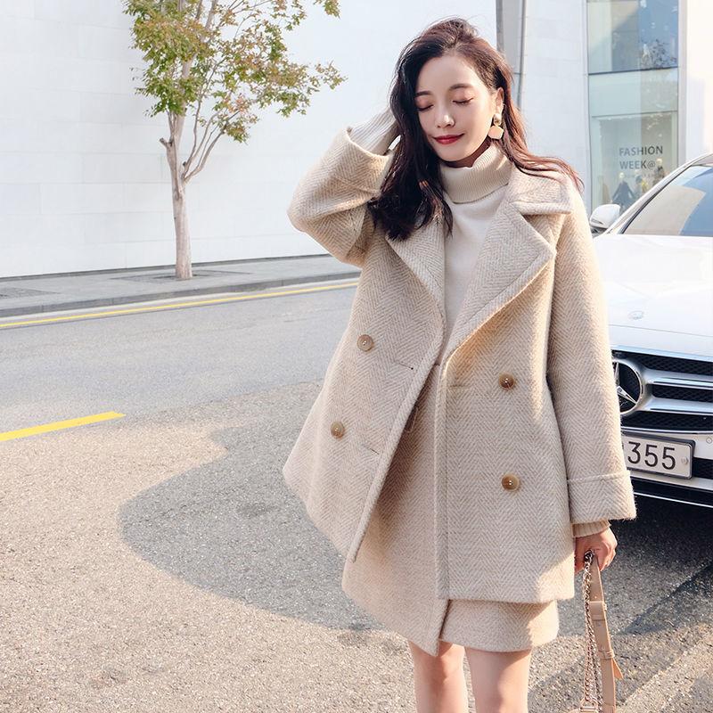 Cotton Thick Woolen Suit Women Autumn and Winter Temperament Small Mid-length Woolen Skirt Two-piece Suit