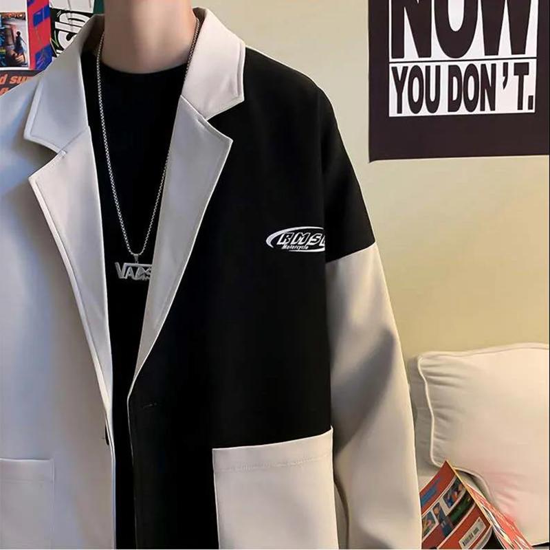 High-quality Contrast Color Stitching British Style Suit Men's Autumn Casual Loose Suit Jacket Long-sleeved Warm Mid-length Windbreaker