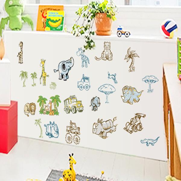 room removable wall stickers Cartoon 13 animal trucks coconut tree combination sticker