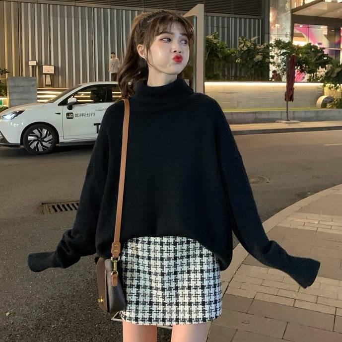 Pofulove Winter Warm Thick Turtleneck Sweaters Girl Student Loose Pullover Solid Color Coat Sweater