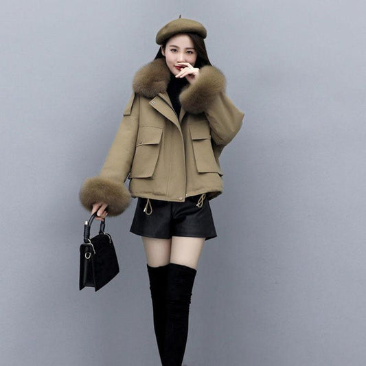 Parkas Thick Fleece Jacket Women's Korean Winter Cotton Coat Short Coat with Big Fur Collar