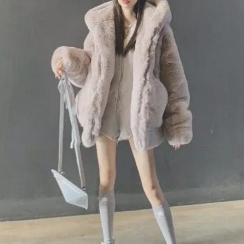 Korean Version of Loose Thick Plush Jacket Women's Hoodie Imitation Rex Rabbit Fur Mid-length Fur Coat Winter