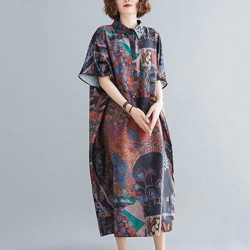 WTEMPO Plus Size Turn-down Collar Women Dress Summer Long Dress Casual Mid-calf Length Pattern Button