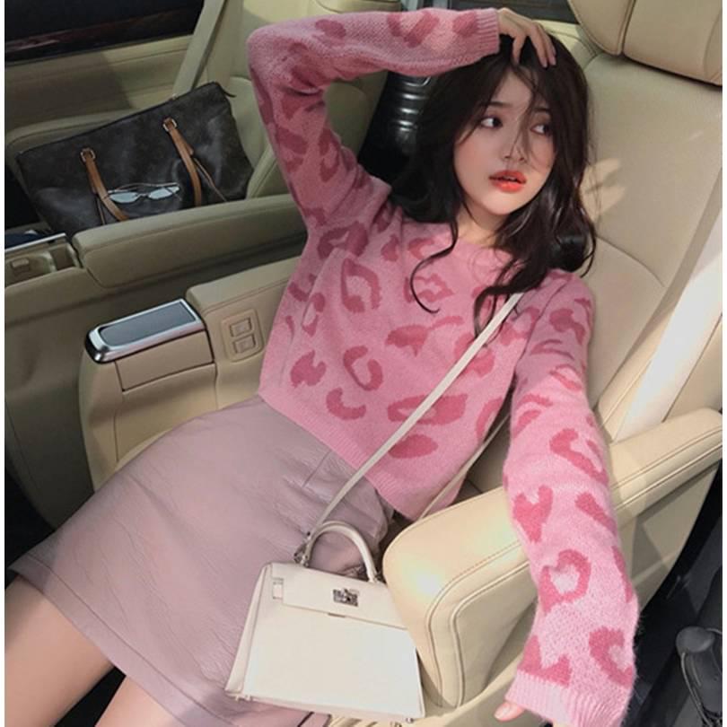 3 Colors Leopard O-neck Pullover Long Sleeve Short Twist Sweater Women Open Waist Knitwear