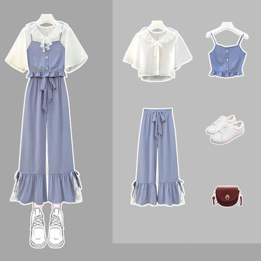 Three-piece Female Summer Loose Camisole + Chiffon Top + High-waist Wide-leg Pants Suit Sweet and Cute Three-piece Lady Suit
