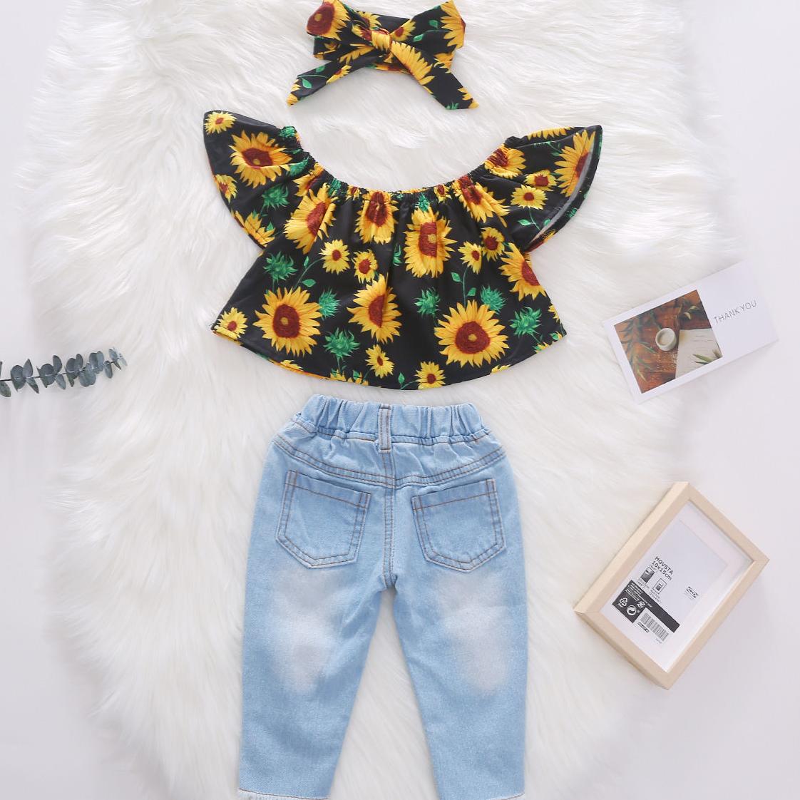 Toddler Baby Girl Clothes Off Shoulder Sunflower Print Tops Ripped Denim Pants Headband 3Pcs Outfits