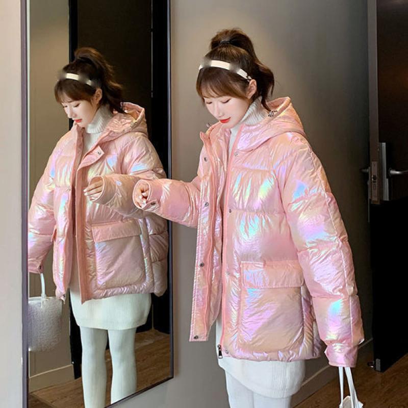 Bright Face Down Padded Jacket Women's Loose Coat Thick Bread Clothes Colorful Cotton Coat Women's Hood Keeps Warm and Comfortable