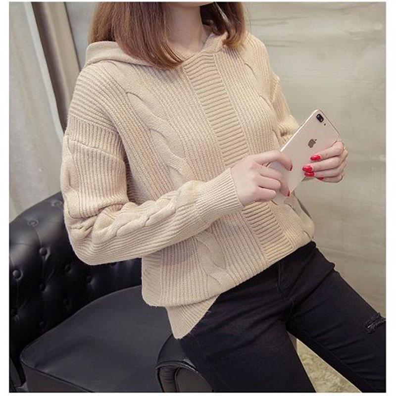 Sweater Women Autumn Winter V-Neck Solid Color Hooded Sweater Solid Color Pullover Knitted Sweater
