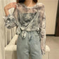 Fall Version of Tie dye Loose Simple Long-sleeved fall T-shirt Women Simple Pure color Bottoming Net yarn Blouse Tee