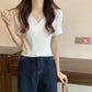 Summer Irregular Cross V-neck Short-sleeved Knitted Sweater Girls Fashion Elegant Thin Top