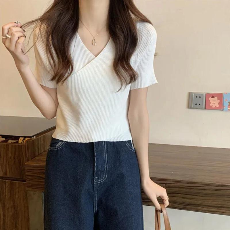 Summer Irregular Cross V-neck Short-sleeved Knitted Sweater Girls Fashion Elegant Thin Top