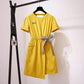 Pofulove M-4XL Women Simple O-neck Bow Yellow Dress Plus Size Slim Short-sleeved Short A-line Dress