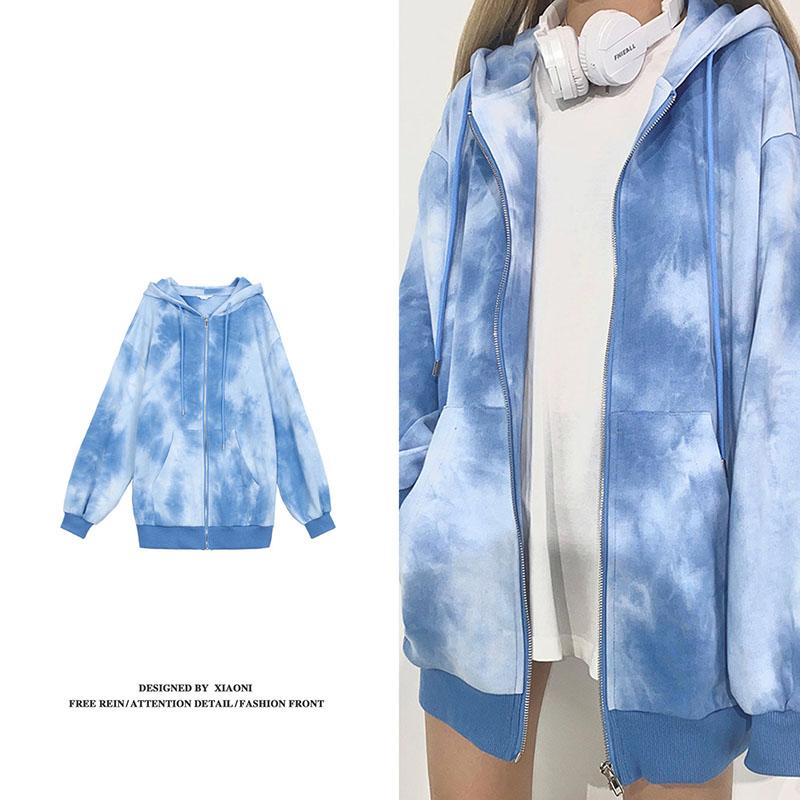 Women Tie-dye Printed  Hoodies Sweatshirt Coat Zip Up Outerwears Hooded Jacket Pockets Plus Size Outwear Tops