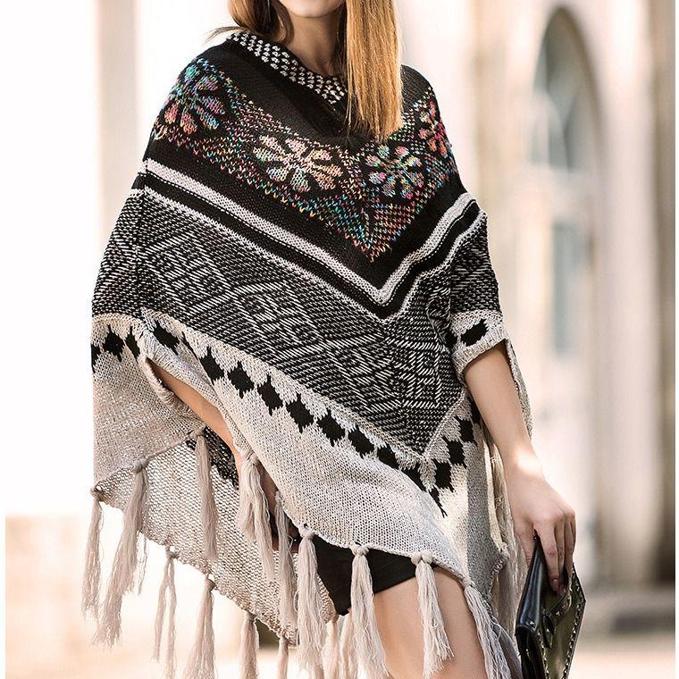 Bohemian Ethnic V-neck Sweater Women's Mid-length Pullover Cape Shawl Batwing Sweater Coat Tassel Sweater Autumn Winter