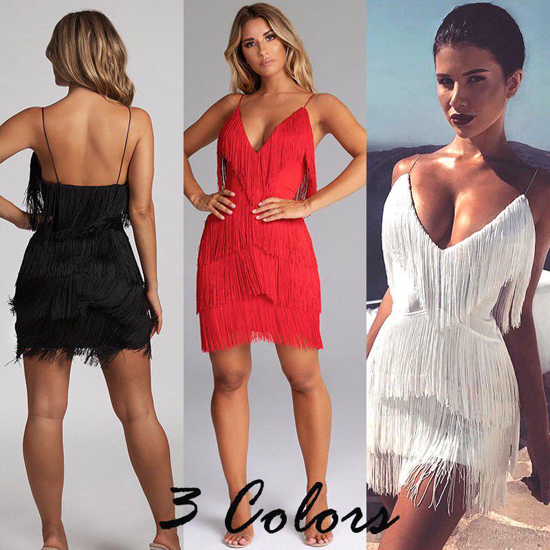 Women Sexy Backless Deep V neck Dress Party Evening Pencil Dress Tassels Slim Dress Sexy Wome