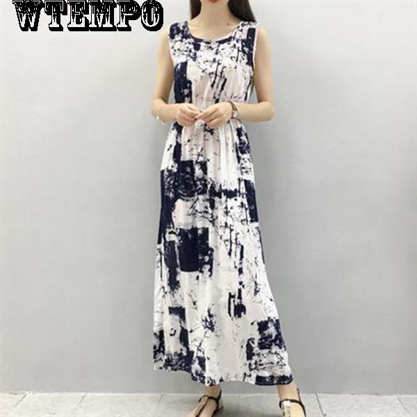 WTEMPO Floral Beach Holiday Skirt Sleeveless Long Skirt Female Summer Bohemian Print Beach Dress