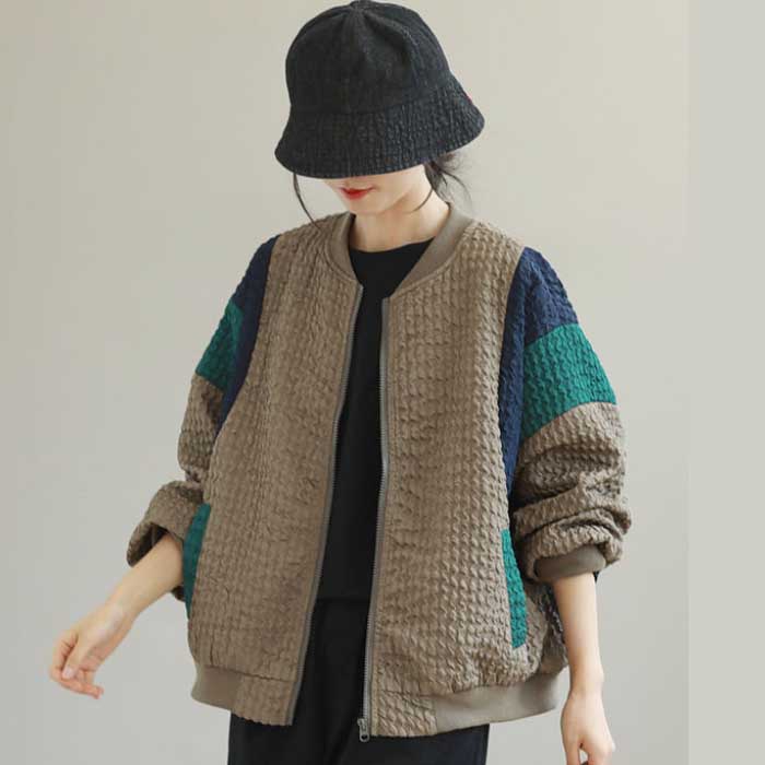 Loose Plus Size Jacket Women Stitching Contrast Color Plus Size Casual Long-sleeved Top Coat