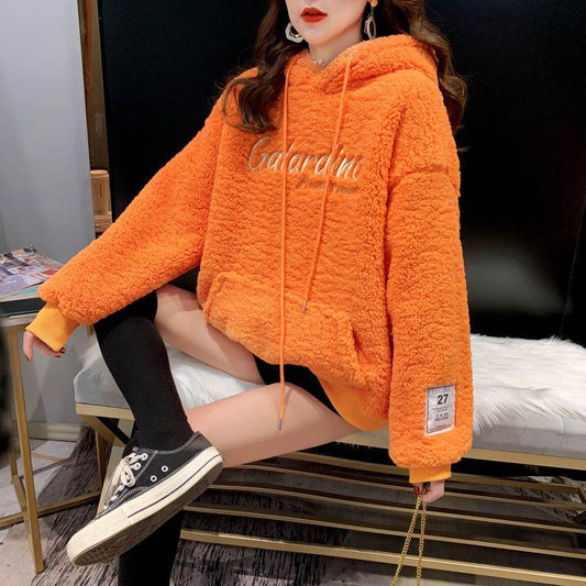Autumn and Winter Plus Velvet Thick Loose Hooded Pullover Faux Lamb Wool Mid-length Sweater Women's Top Trend