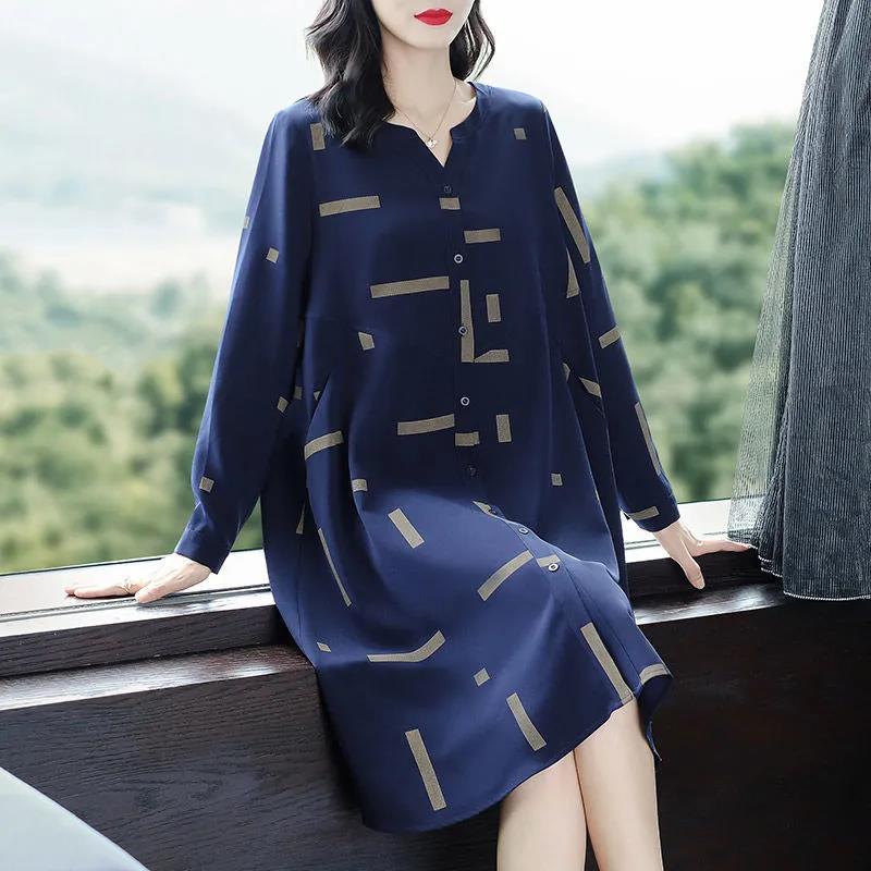 Temperament Loose Shirt Dress Was Thin Covering Belly Skirt Large Size Women's A-line Mid-length Dress Fabric Soft and Sweat-absorbent