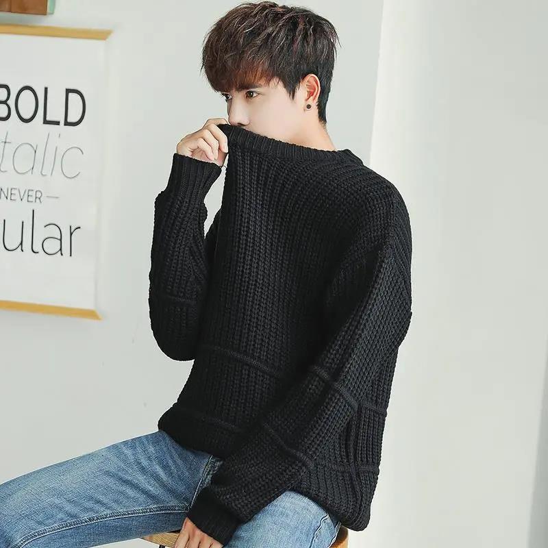 Fall Men's Sweater Trend Solid Color Loose Round Neck Sweater Men's Pullover Thick Line Long-sleeved Top