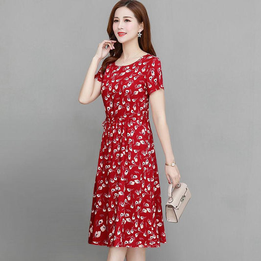 Summer Mid-length Plus Size Printed Floral Over-the-knee Dress Round Neck Short Sleeve Elastic Waist