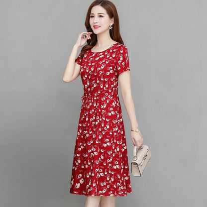 Summer Mid-length Plus Size Printed Floral Over-the-knee Dress Round Neck Short Sleeve Elastic Waist