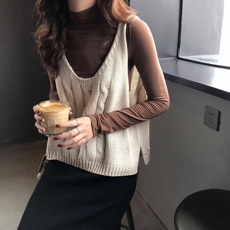 Autumn and Winter Women's V-neck Knitted Pullover Sleeveless Wild Vest with Retro Twist Bottoming