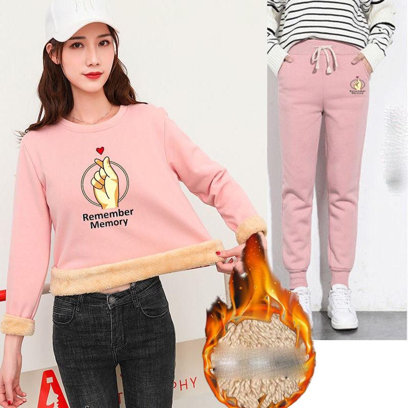 2pcs/set Women Fleece Liner Sweatshirt Tracksuit  Winter Casual Loose Jumper Plus Size  Outfits  Outwear