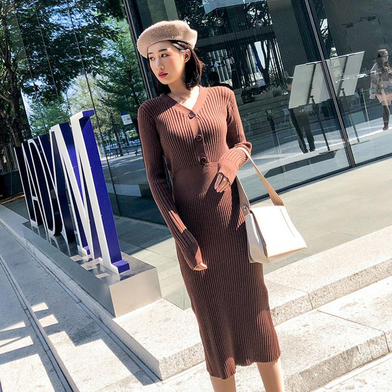 Autumn and Winter Fashion Padded Sweater Skirt Mid-length Over The Knee V-neck Knitted Dress Slim Inner Base Bag Hip Skirt