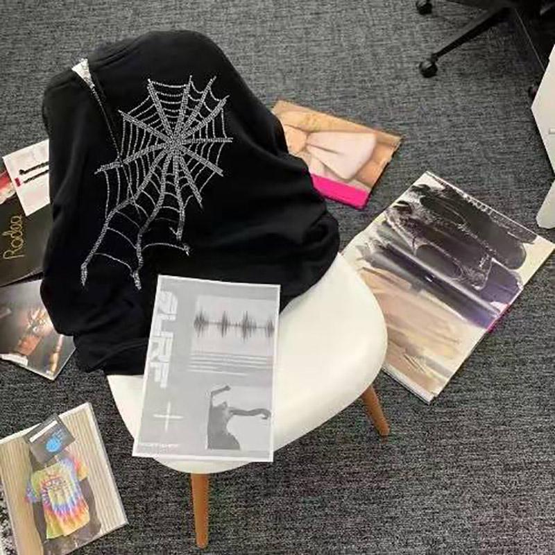 Gothic Punk Spider Web Hooded Women Fairy Grunge Dark Academia Jacket Coat Harajuku Outwear Zipper Sweatshirts Emo Alt Clothing