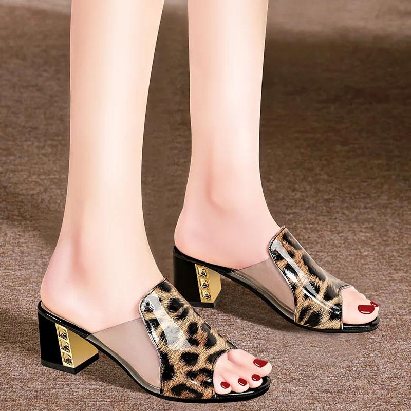 Slippers Women Leopard Transparent Open Toe Sandals Summer Thick Heel Middle Heel Sandals and Slippers All Match Casual Comfortable Slippers