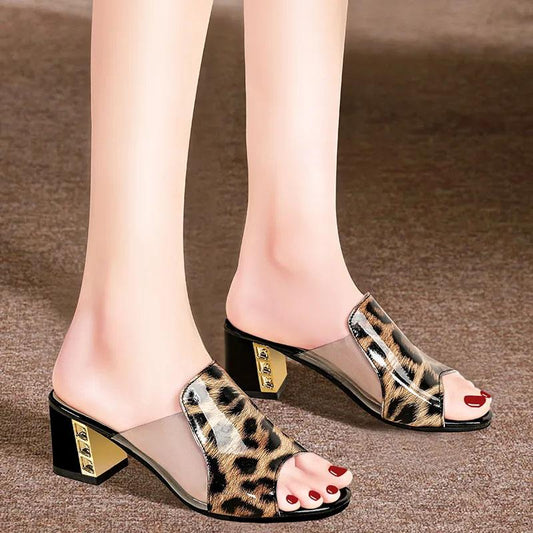 Slippers Women Leopard Transparent Open Toe Sandals Summer Thick Heel Middle Heel Sandals and Slippers All Match Casual Comfortable Slippers