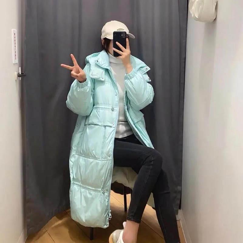 Women's Down Jacket Over-the-knee White Duck Down Mid-length Padded Waist Hooded Jacket