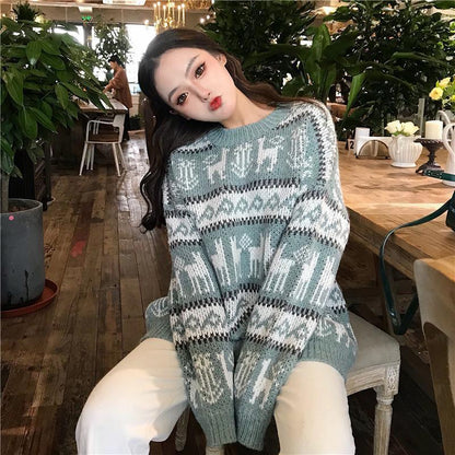 Loose  Long Sleeve Sweater  Red Christmas Pullover Autumn and Winter Sweater Female  Korean Student Snowflake Sweater