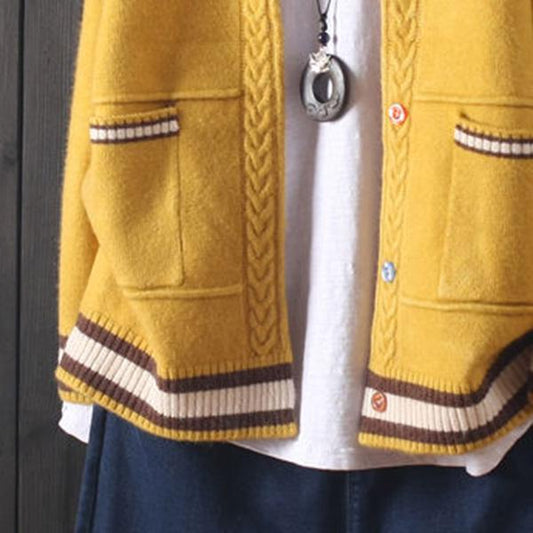 Women's Splicing Color Long-sleeved Sweater Early Autumn Hooded Knitted Cardigan Loose Button V-neck Top All-match