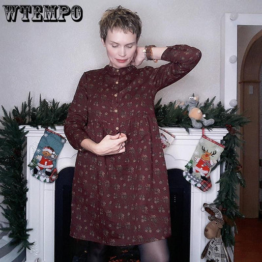 Floral Dress O Neck Long Sleeve Button Cotton Linen A-Line Midi Dresses Elegant Party Vintage Vestidos