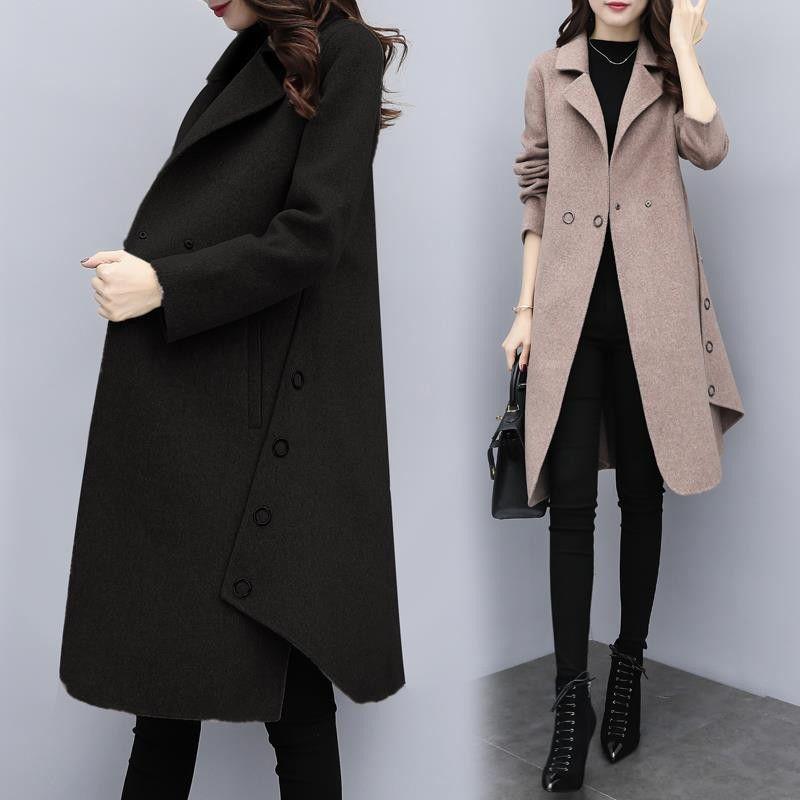 Womens Winter Turn-down Collar Lapel Wool Cashmere Coat Trench Jacket Long Parka Overcoat Outwear