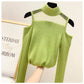 Pofulove Women Off-the-shoulder Half Turtleneck Shirt Mesh Stitched Sexy Knitwear Elastic Jumper