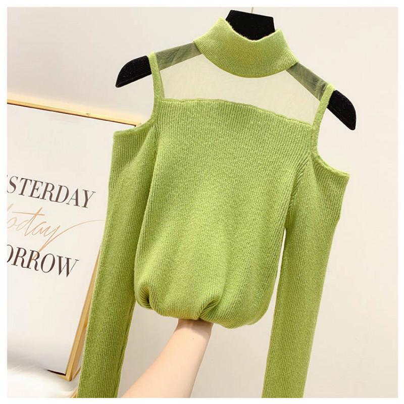 Pofulove Women Off-the-shoulder Half Turtleneck Shirt Mesh Stitched Sexy Knitwear Elastic Jumper