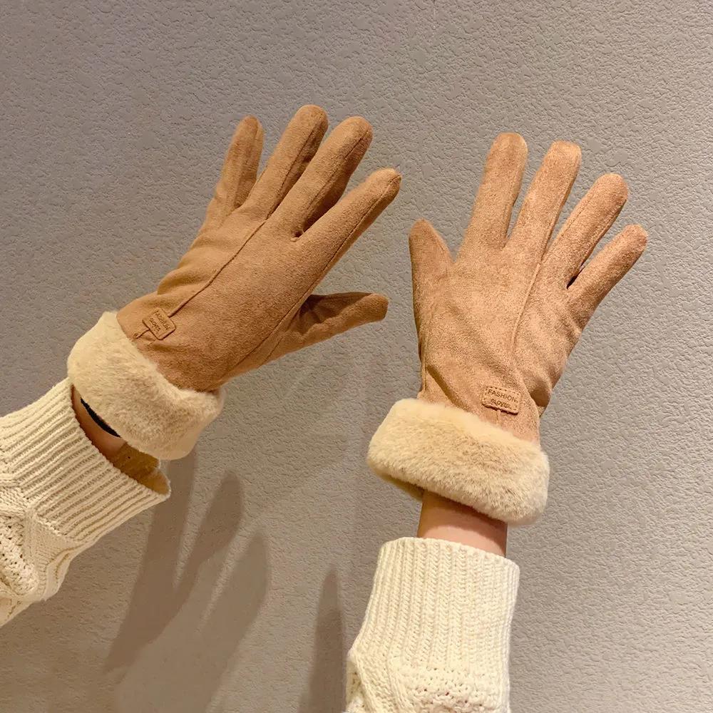 Winter Women's Deerskin Gloves Plus Velvet Thick Warm Gloves Touch Screen Gloves Outdoor Skiing Gloves