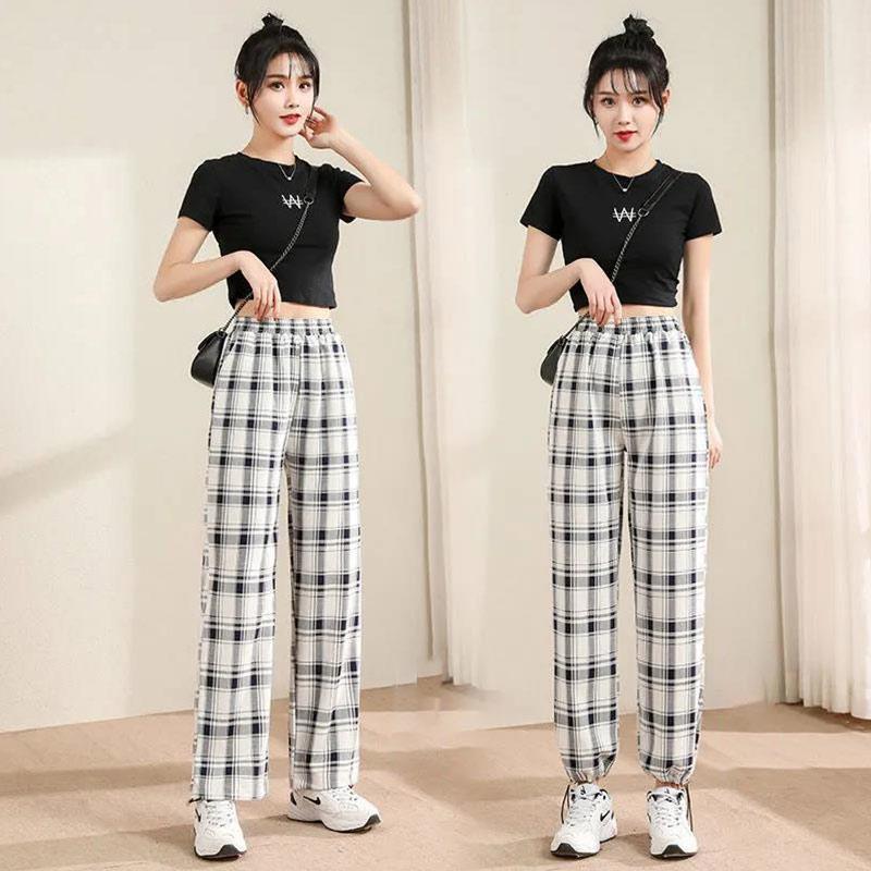Black and White Plaid Loose Plus Size Pants Female Small Student Summer Thin All-match Casual Sports Pants