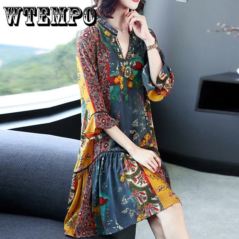 Springsummer New V -Collar Temperament Bohemian Dress Silk Printing Long Beach Dresses