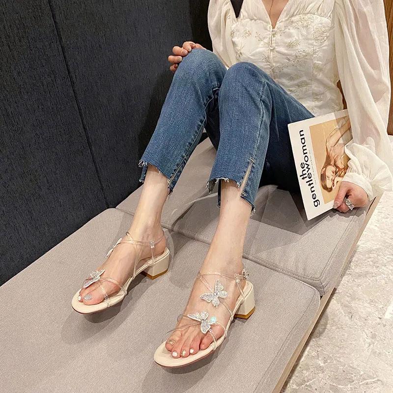 Summer Sandals Women Mid-heel Sandals Transparent Rhinestone Butterfly Sandals Female Temperament Retro All-match Shoes Comfortable and Wear-resistant