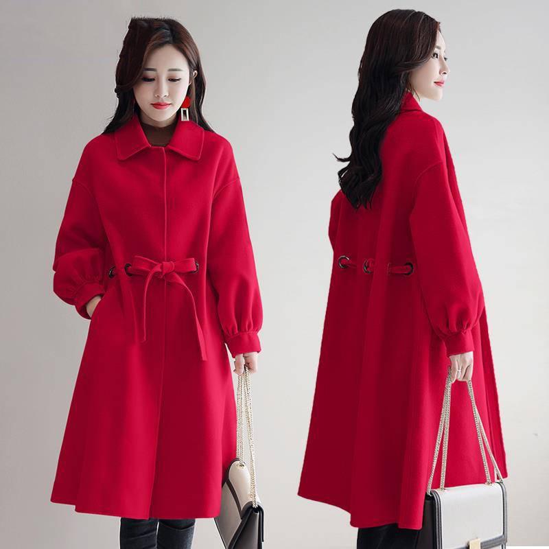Womens' Winter Wool Long Coat with Woolen Coat Side Pocke Lantern Sleeve Long Jacket Trench Coat