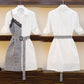 Women Shirt Dress Summer  Female Plus Size Slim Lace Plaid Stitching Midi Dress Elegant Dress with Sashes